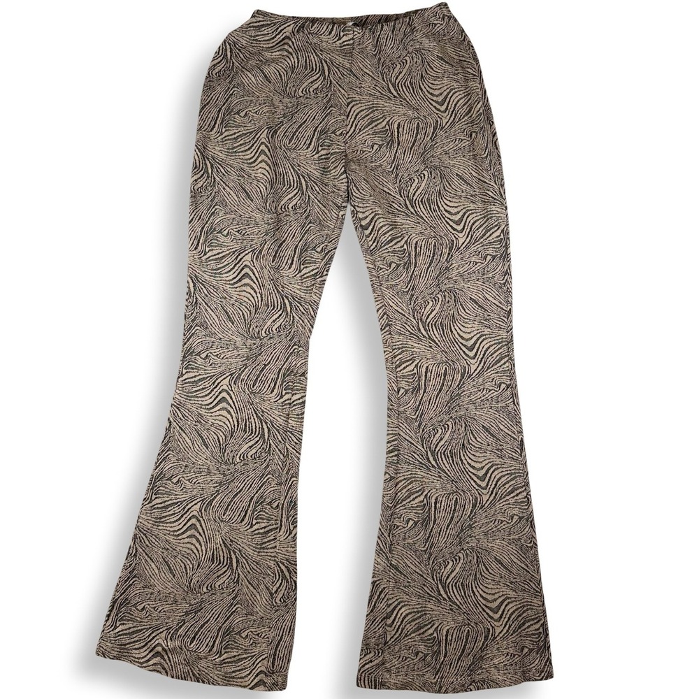 Zara Brown Zebra Swirl Print Flare Pants High Waisted Knit Trousers Size Medium‎